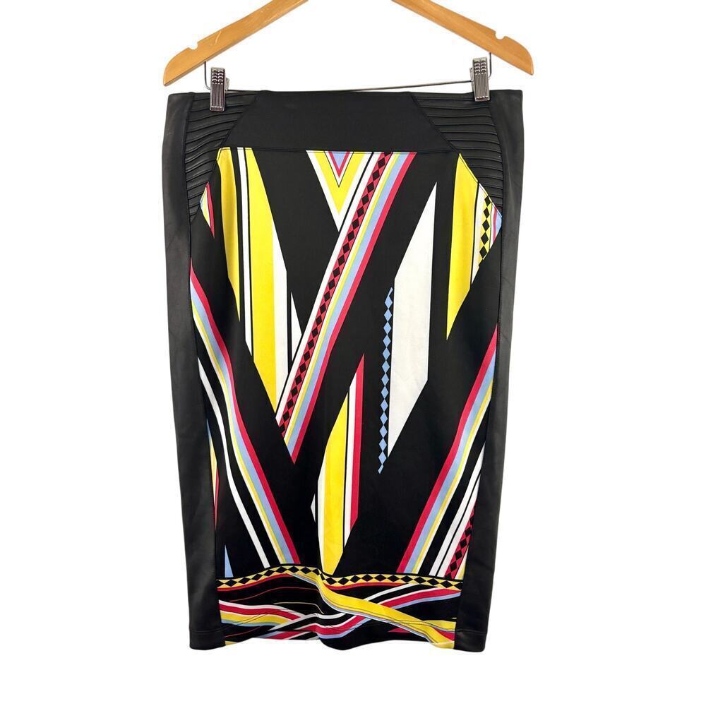 Bisou Bisou Size‎ 10 Yellow Black Geometric Faux Leather Pencil Skirt